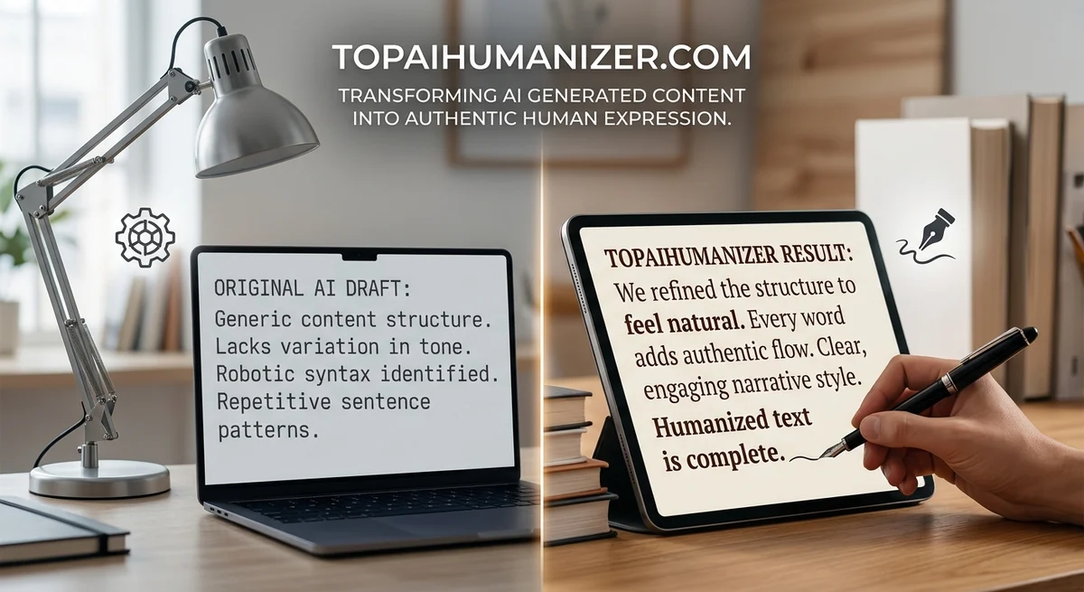 Side by side: a generic AI draft on a laptop and the same passage rewritten in natural human phrasing on a tablet