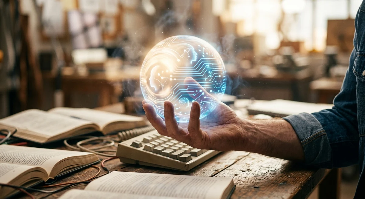 A writer holding a glowing AI sphere above a keyboard, surrounded by open books